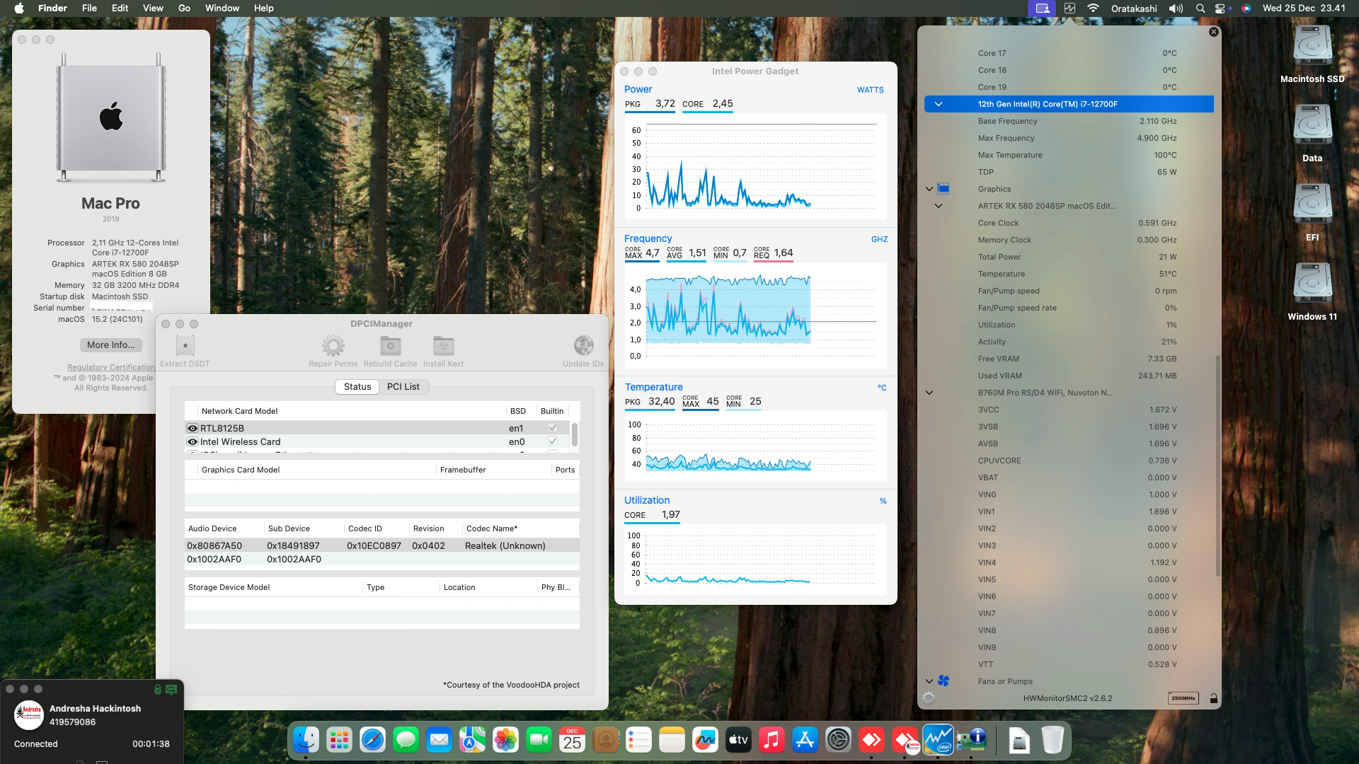 Success Hackintosh macOS Sequoia 15.2 Build 24C101 in Asrock B760M Pro RS/D4 Wifi + Intel Core i7 12700F + Artek RX 580 2048SP